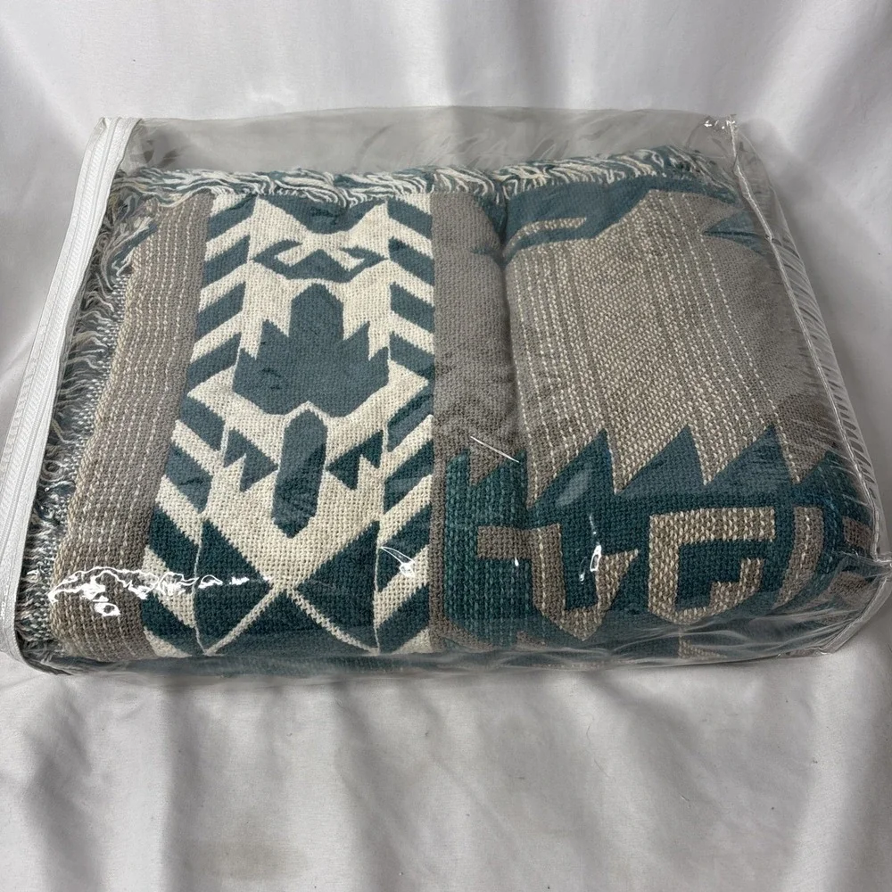 Sonoma Cotton Jacquard Woven‎ Throw NATIVE Blanket 46x67 Green Beige USA NEW